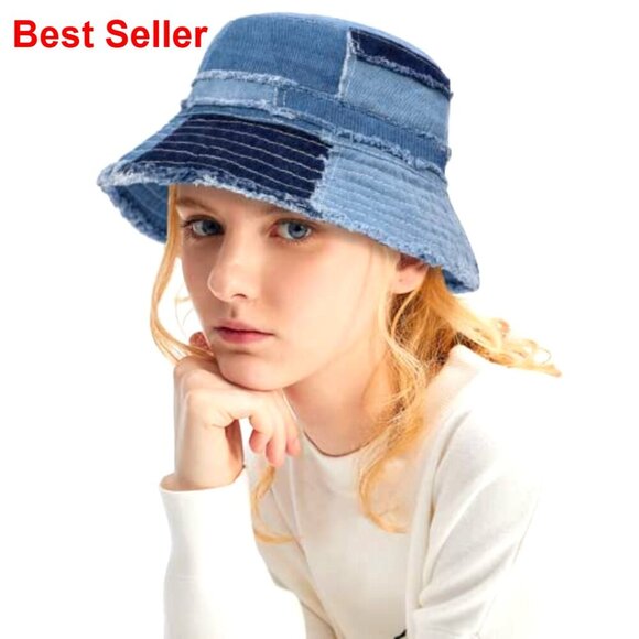 Distressed Denim Bucket Hat Packable Travel Sun Protection Cap